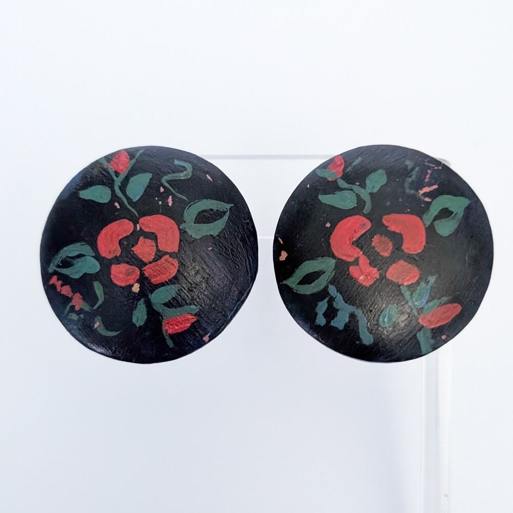 Vintage Clip On Earrings Very Large 1.5" Painted Red Flower Dark Blue